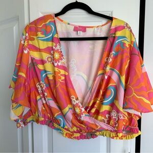 Barbie x Unique Vintage Plus Size Tropical Sunset Print Dottie Crop Top vacation